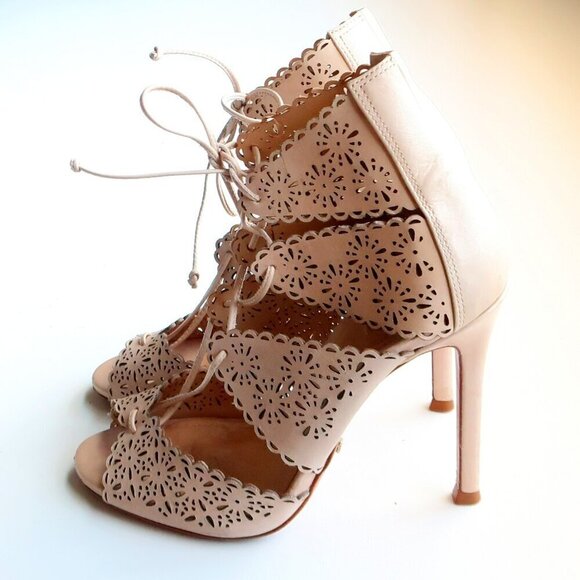 Schutz Tan Perforated Leather Heels Lace-up Peep Toe Summer Shoes Size 6.5 - Picture 12 of 16